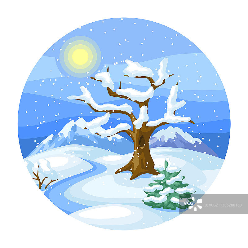 冬天的风景有树木，山脉和山丘图片素材