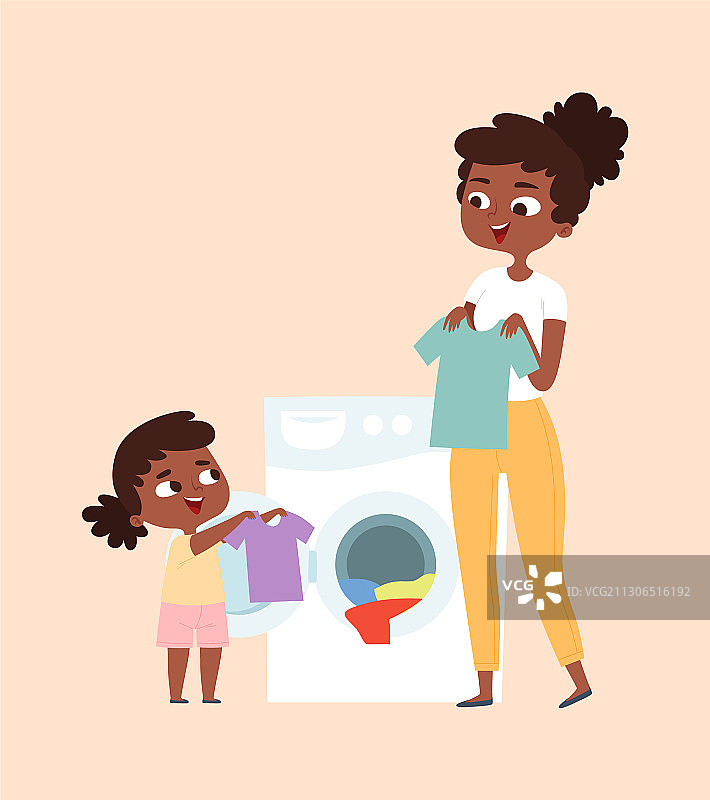 父母洗衣服，孩子打扫房子图片素材