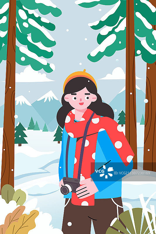 冬天拍摄雪景的女孩矢量插画图片素材