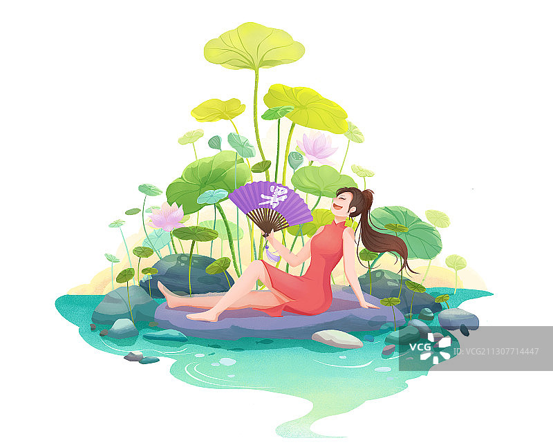 小清新夏季池塘边手拿折扇乘凉的女孩插画图片素材