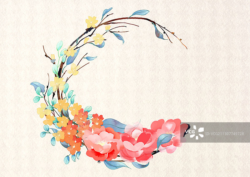 水彩花卉植物圆形装饰插画图片素材