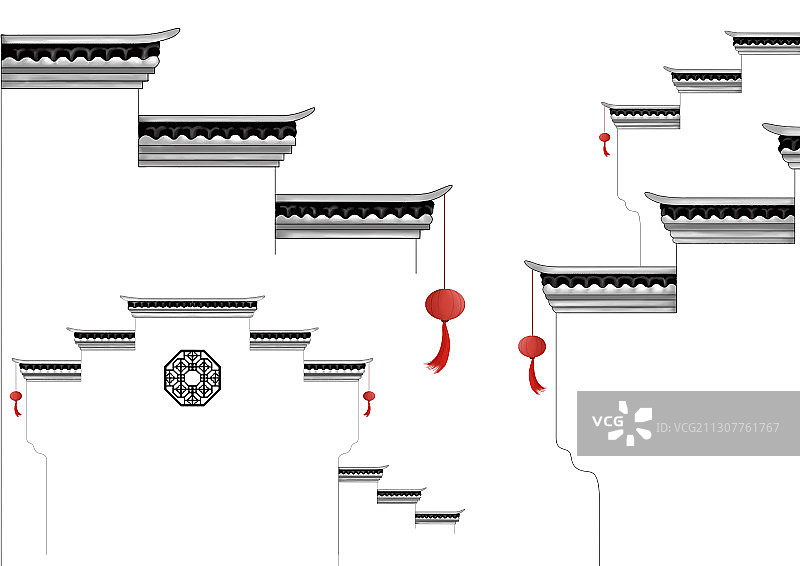 中国风古典徽派建筑屋顶灯笼插画图片素材