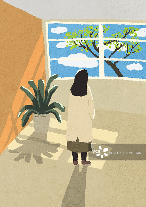 女人站着看向窗外的树图片素材