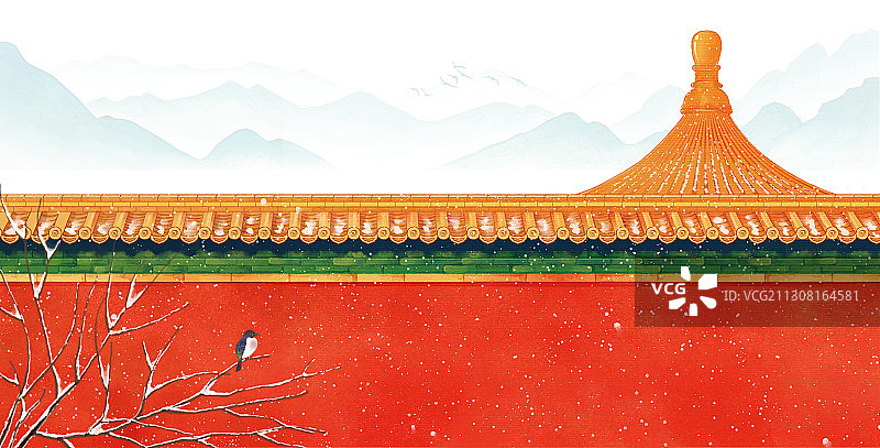 手绘冬天红色过年喜庆大气中国风古代建筑图片素材