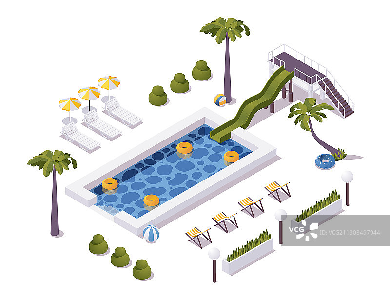 等距游泳池场景与棕榈树水滑梯图片素材