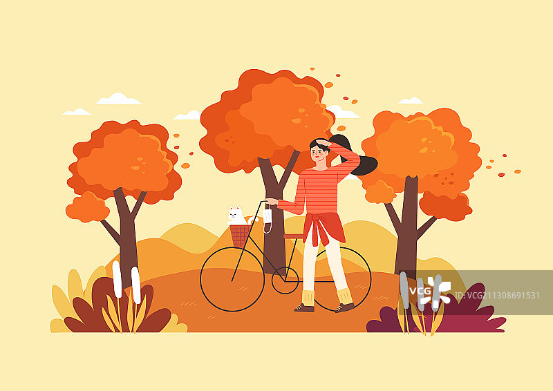 秋天，生活方式，枫树，公园，野餐，自行车，女人图片素材