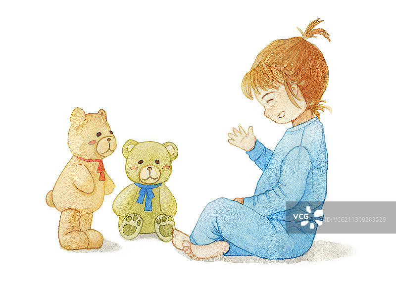 小女孩和玩具熊玩耍 水彩手绘插画图片素材