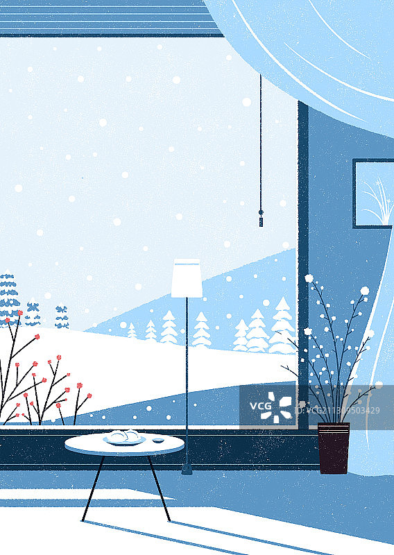 清新文艺风插画冬天落地窗外的雪景图片素材