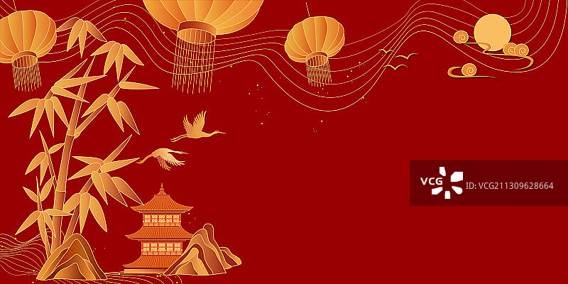 中国风简约山水红色背景图案图片素材