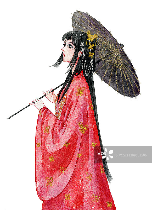 撑着黑色油纸伞的红裙古装少女 水彩手绘插画图片素材