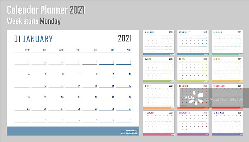 2021年日历开始星期一日历图片素材