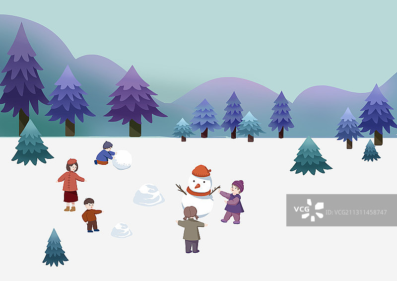 小清新冬季树林里孩子们堆雪人玩雪球场景图片素材