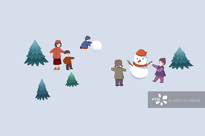 手绘人物冬天小朋友玩雪球堆雪人插画图片素材