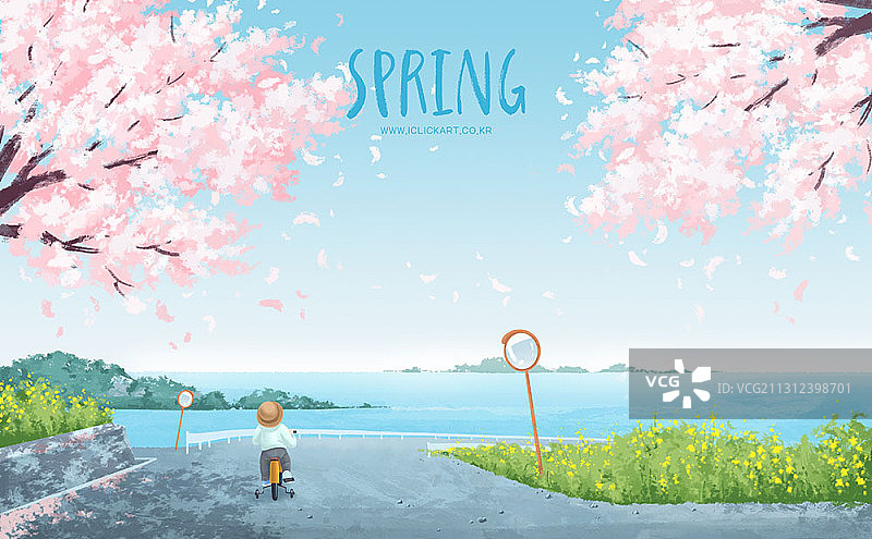 春天的主题插图骑自行车的男孩在樱花树下沿海道路图片素材