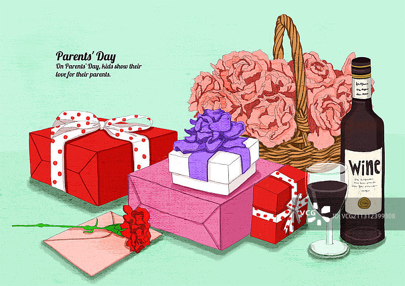 父母节礼物盒的插图，旁边的花和酒与玻璃图片素材