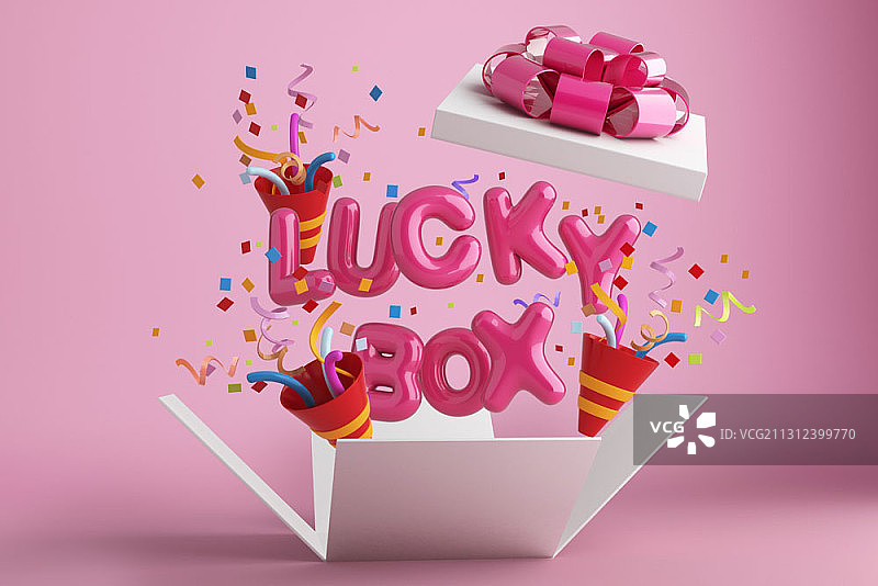 编辑图像的幸运盒标志从礼盒与喇叭在粉红色的背景图片素材