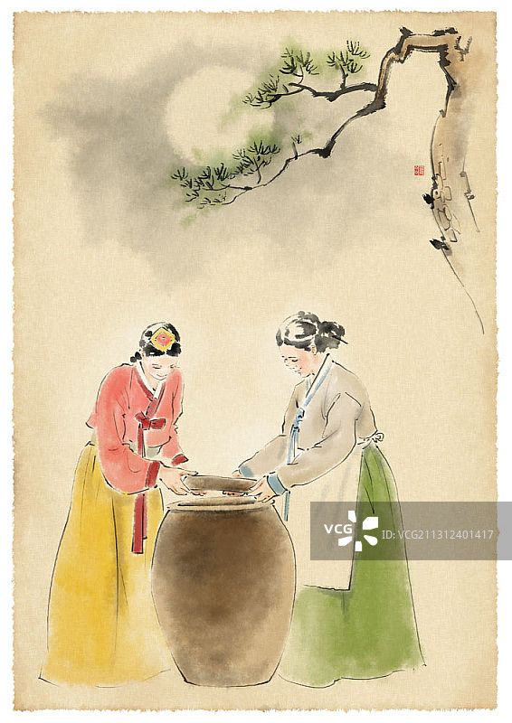 这幅水墨画画的是两个穿着韩服的女人拿着泡菜锅盖图片素材