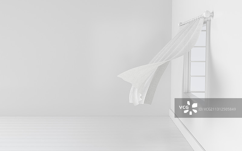 室内随风吹起的窗帘 3D渲染图片素材
