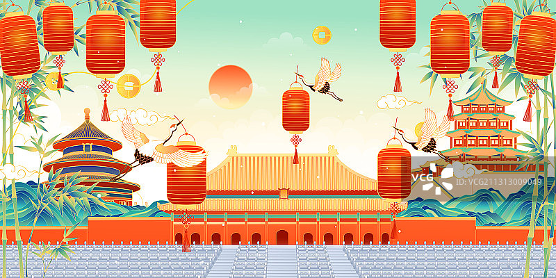 新年北京著名旅游景点矢量插画图片素材