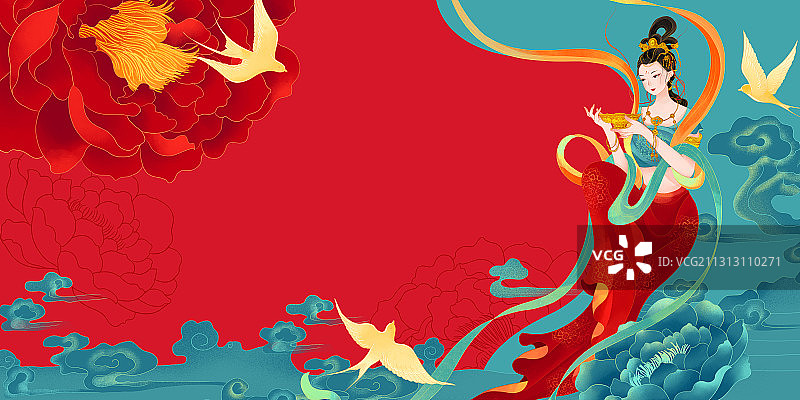 中国古代敦煌飞天舞女牡丹金燕国潮插画图片素材