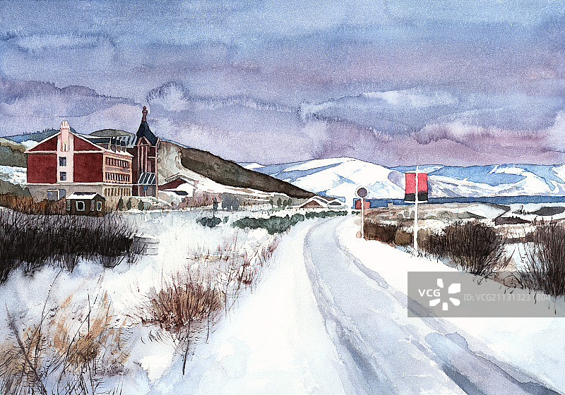 冬季冰雪文化雪景风光旅游度假滑雪胜地手绘插图图片素材