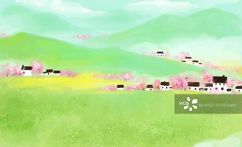 春天的乡村风景插画图片素材