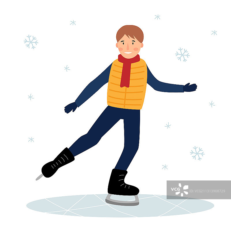 这个男孩冬天在冰上滑冰玩得很开心图片素材