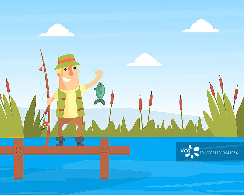 快乐的渔夫人物站在木码头上图片素材