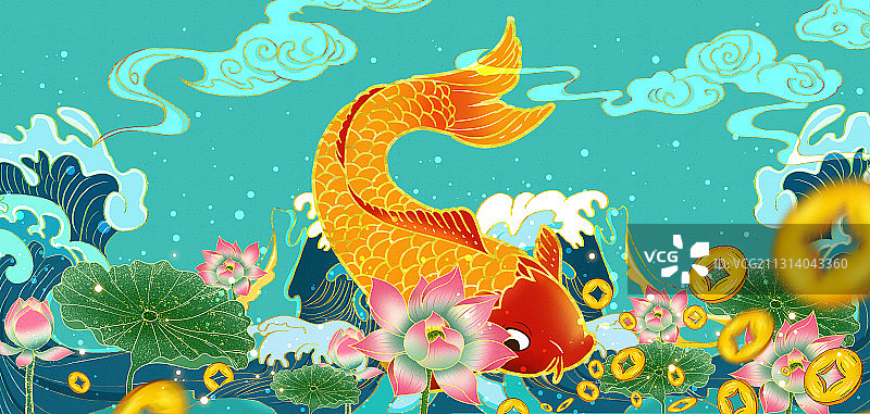跃出海浪的鲤鱼，春节年画生财锦鲤图片素材