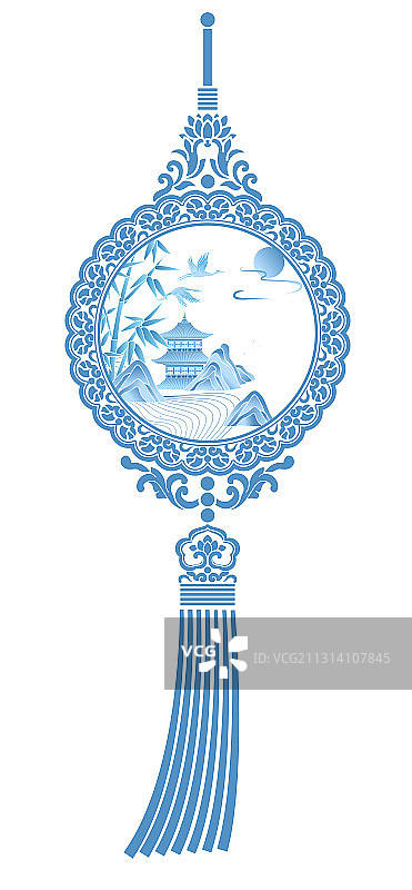 蓝色中国风山水挂饰复古图案图片素材