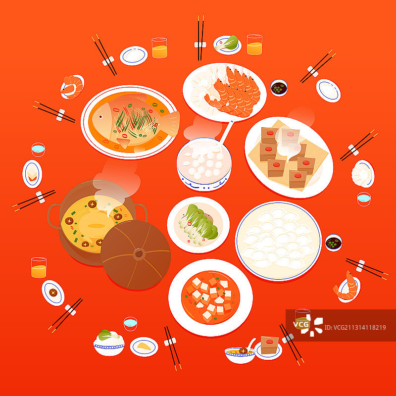 一桌丰盛的中国菜肴食物元素矢量插画海报图片素材