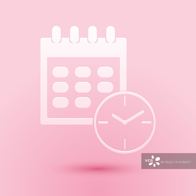 剪纸日历和时钟图标孤立在粉红色图片素材