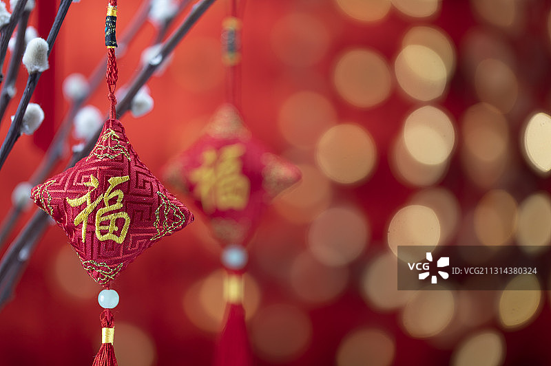 中国春节充满中国风的福字吊饰挂在银柳上图片素材