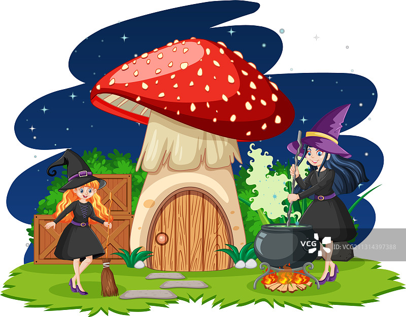 年轻漂亮的女巫和蘑菇屋图片素材
