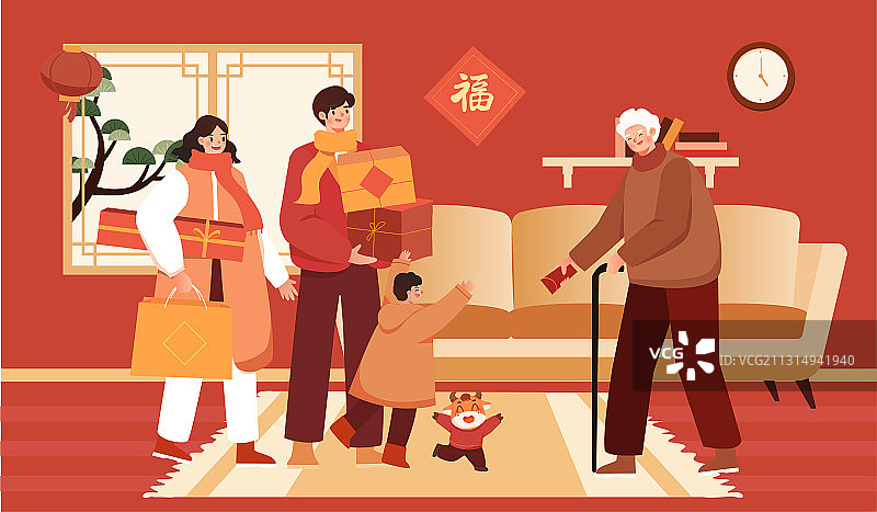 春节一家人回家给老人拜年图片素材