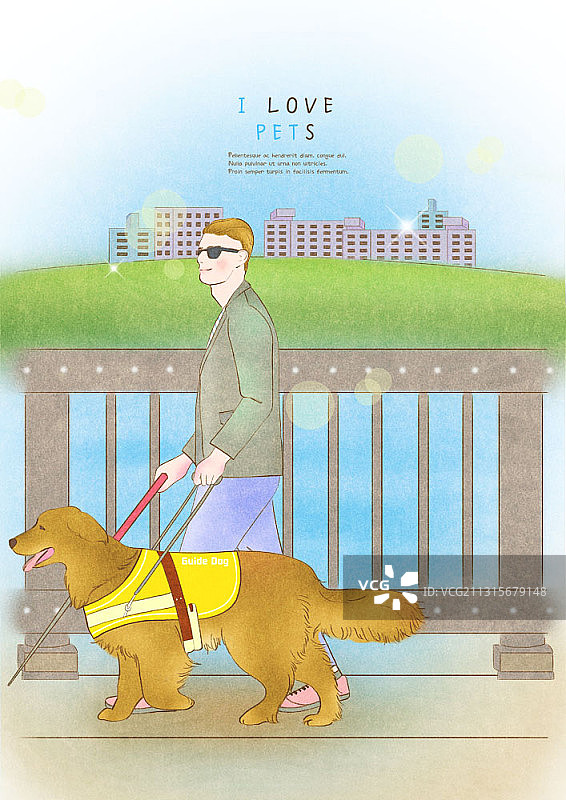 盲人带着狗沿着河边散步的插图图片素材