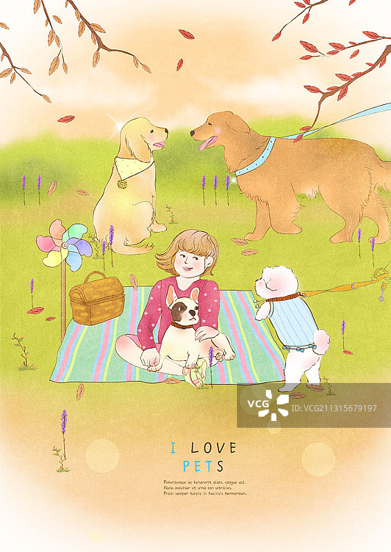 插图的女人和狗野餐和其他狗在公园图片素材