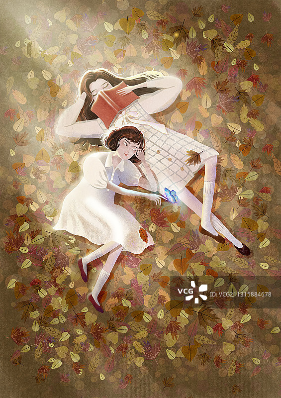 秋天落叶与少女图片素材