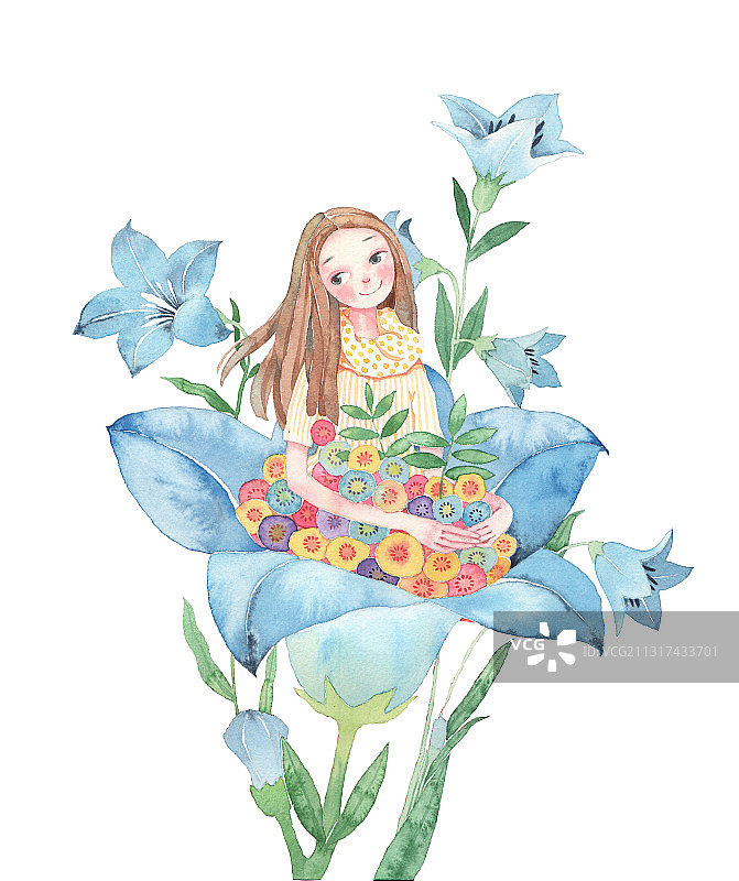 水彩插画-唯美女孩-坐在桔梗花上的女孩图片素材
