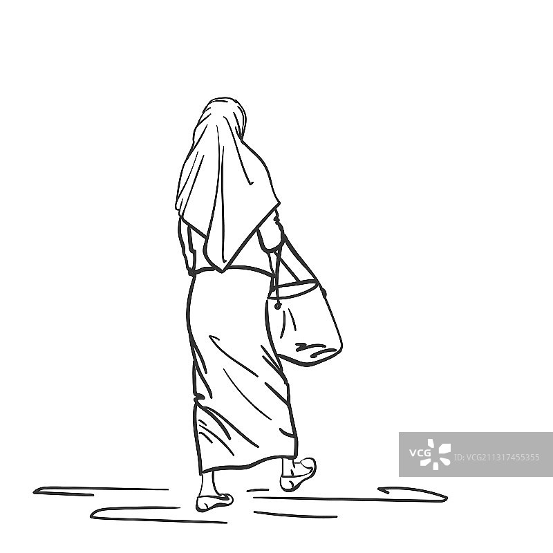 行走的穆斯林妇女后视图手画直线图片素材