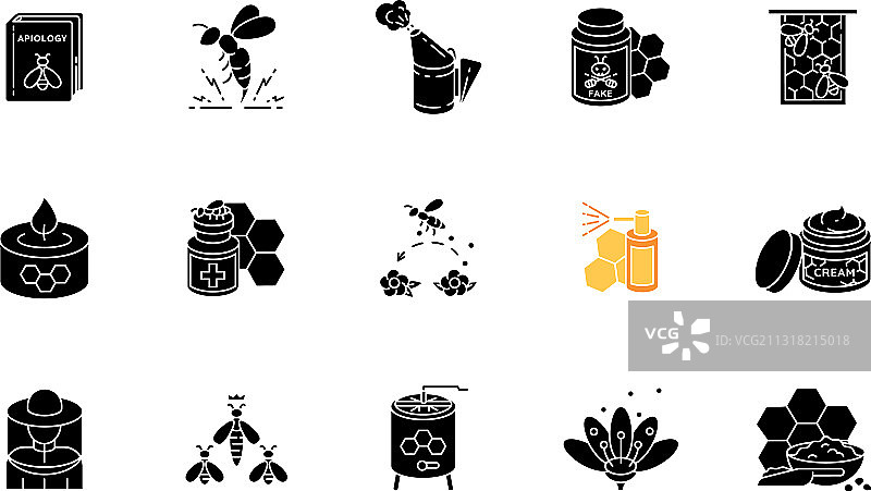 养蜂黑色象形文字图标设置在空白图片素材