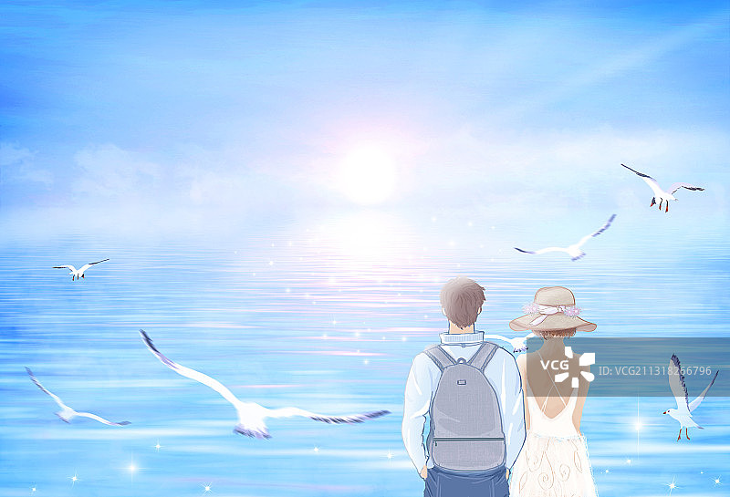 情侣在海边看日出插画背景图片素材