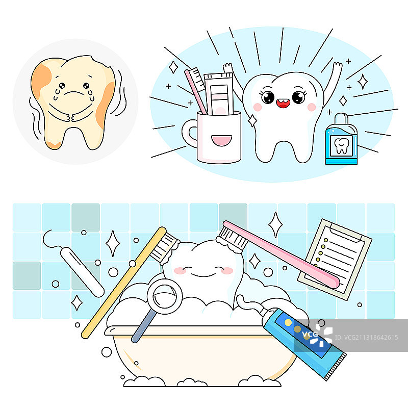 清洁治疗牙齿健康三个步骤矢量插画图片素材