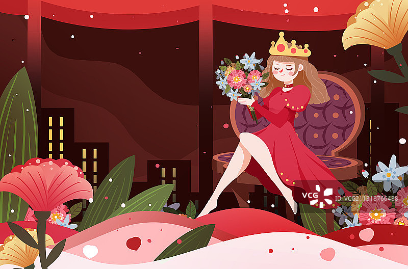 卡通手绘女王节妇女节插画图片素材