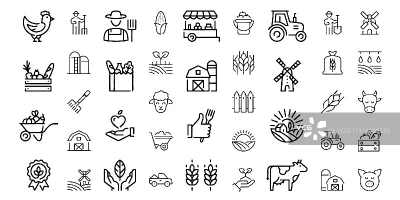 农场和农业图标设置为白色背景图片素材