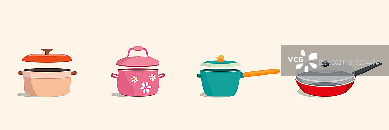 炊具和厨房用具都配有彩色的LIDS图片素材