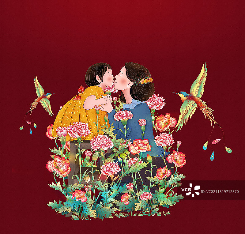 2021中国传统节日母亲节 花丛中亲吻的母女图片素材