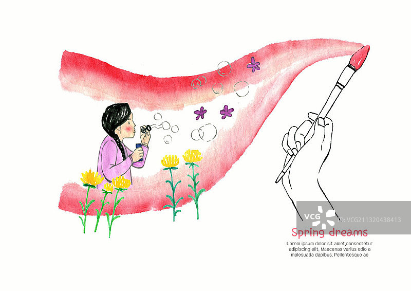 水墨画的女孩吹泡泡旁边的花在红色笔触图片素材