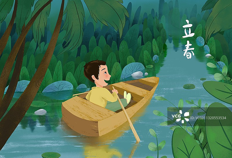 两旁是绿树的河道上划船的小男孩图片素材