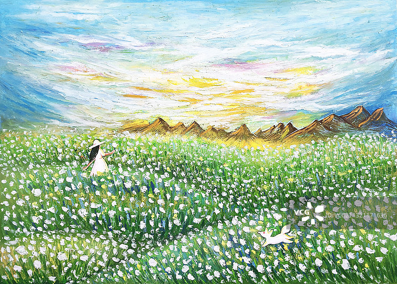 春天草地上采鲜花的女孩插画海报图片素材